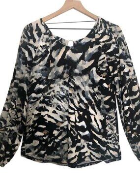 Cupio Black Blue White Orange Abstract Round Neck Long Sleeve Shirt Blouse Top